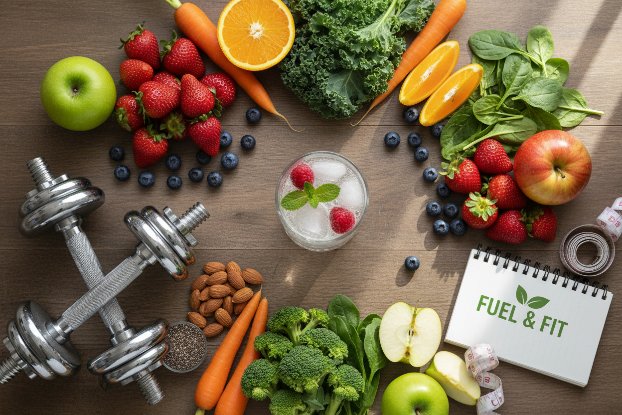 water, fruit, weights, veggies